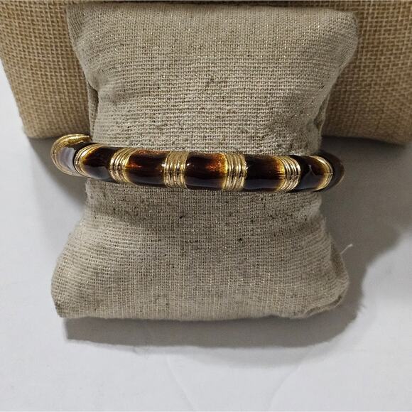 Kenneth Jay Lane Gold Plated Enamel‎ Bamboo Hinged Bangle Bracelet - Picture 5 of 7